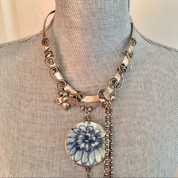 Sterling silver porcelain hanging necklace choker - Picture 9 of 12